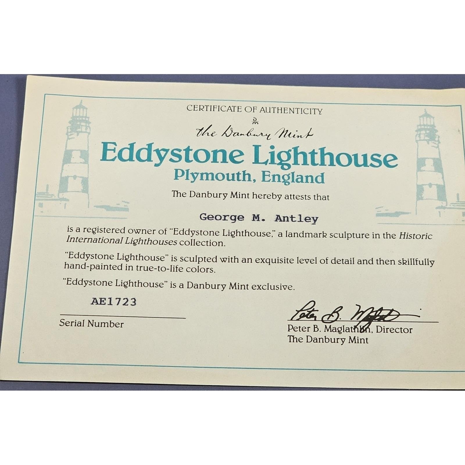 Danbury Mint Eddystone Lighthouse Figurine COA Maritime