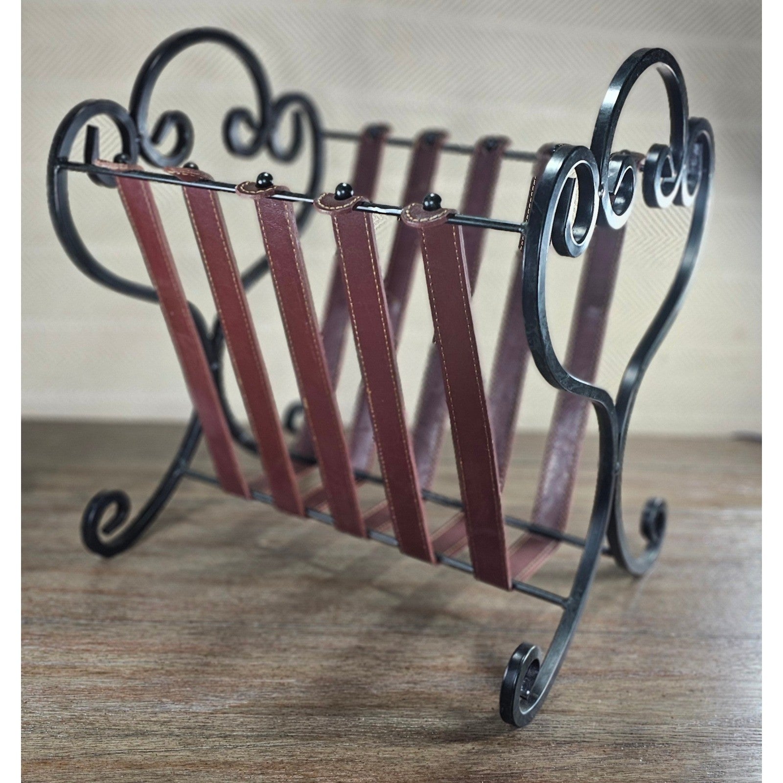 Vintage Iron & Leather Magazine Rack 16" Tall Rustic Book Holder