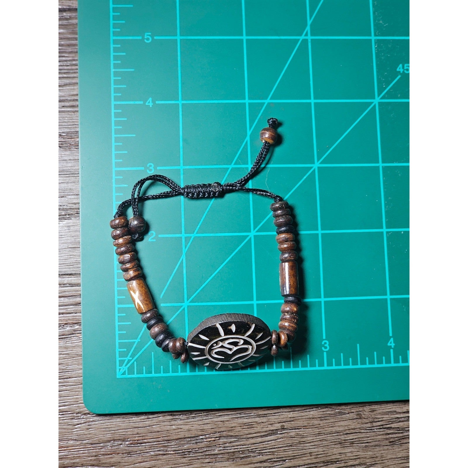 Vintage Wooden Om Sun Bracelet Adjustable Beaded Cord