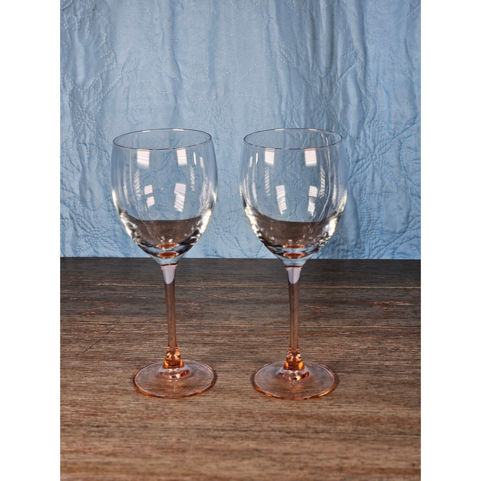 Vintage Pink Stem Wine Glasses Set of 2 Clear Bowl 8.5 Inch