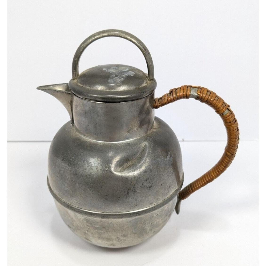 Rogers Pewter Coffee Pot Rattan Handle Mid Century Solid Pewter