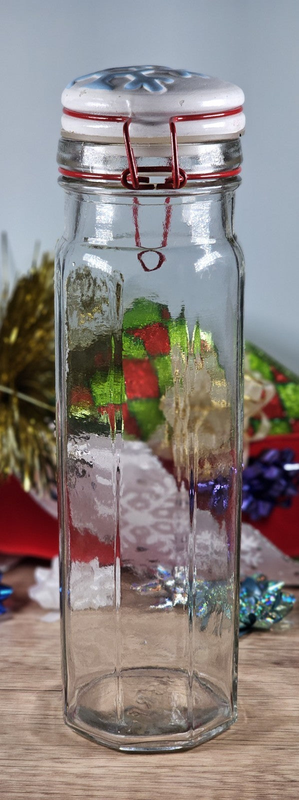Vintage Glass Storage Jar With Snowflake Lid & Red Clasp