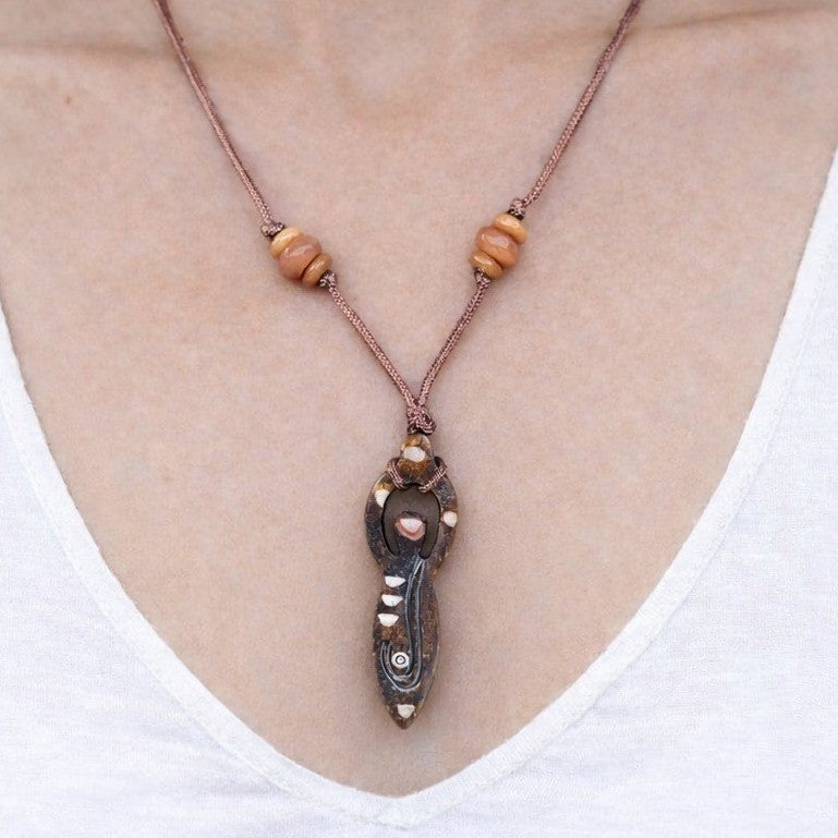 Vintage Carved Wood Pendant Necklace Beaded Cord Tribal Design