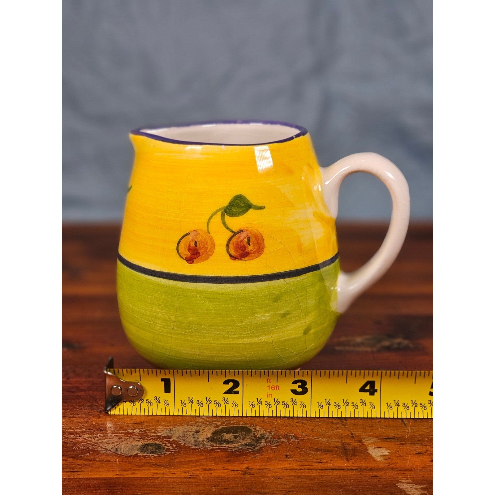 Vintage Ceramic Small Cherry Pitcher Yellow Green Hand Painted Country Kitchen