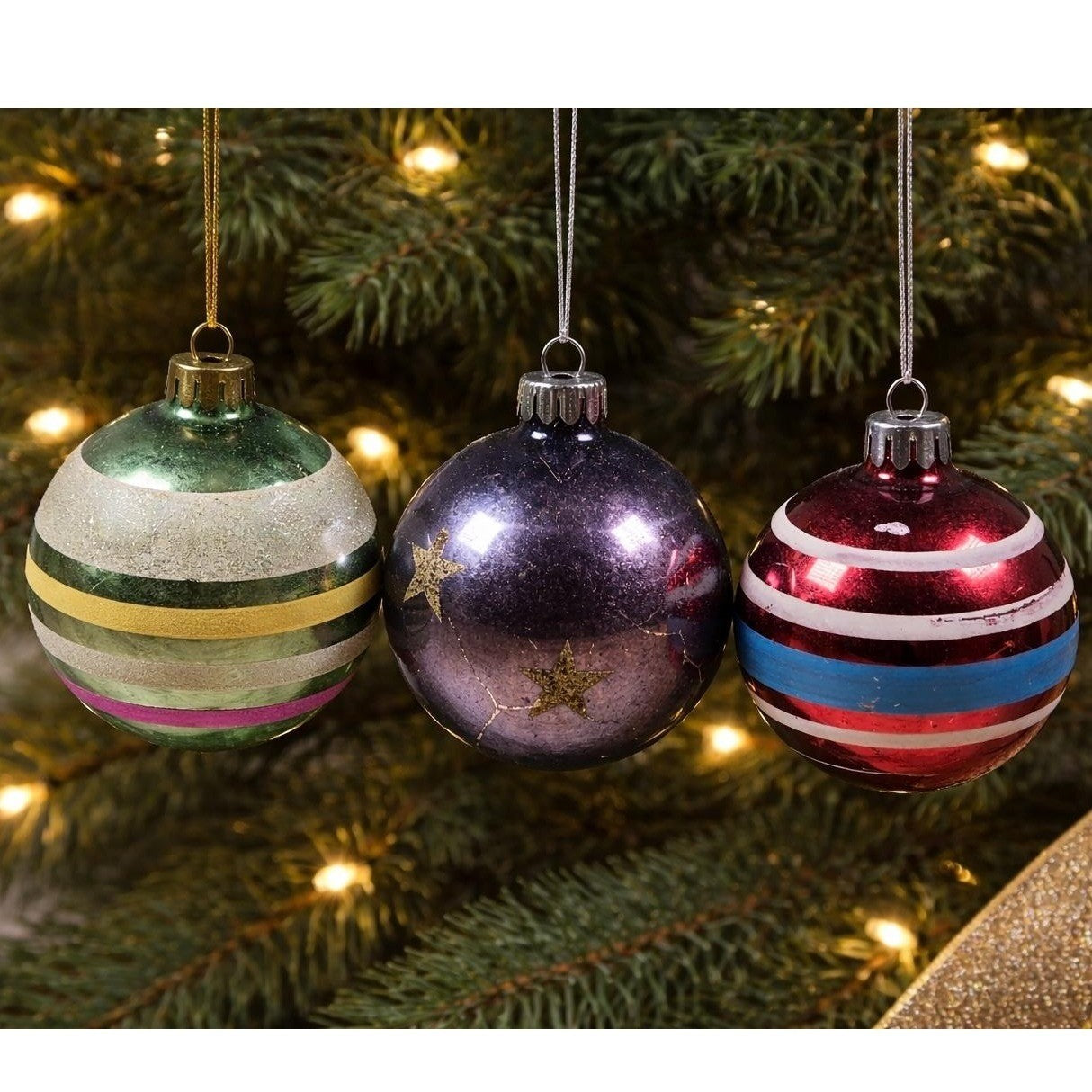 Vintage Hand Blown Glass Christmas Ornaments Stripes Stars Set of 3