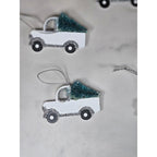 Set of 5 White Pickup Truck Christmas Ornaments with Tree Glitter Holiday Decor