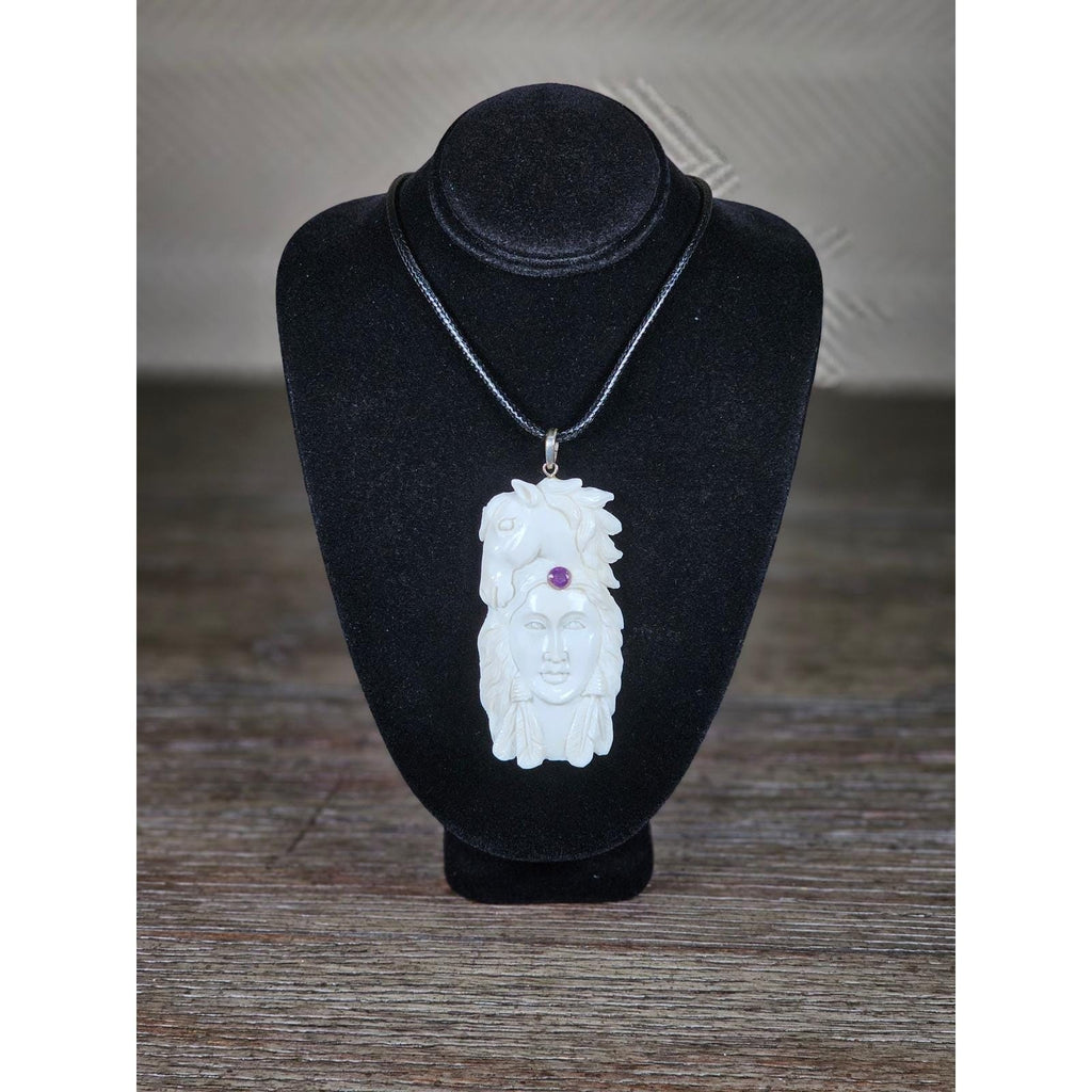 Vintage Carved Woman Horse Pendant Necklace Purple Stone