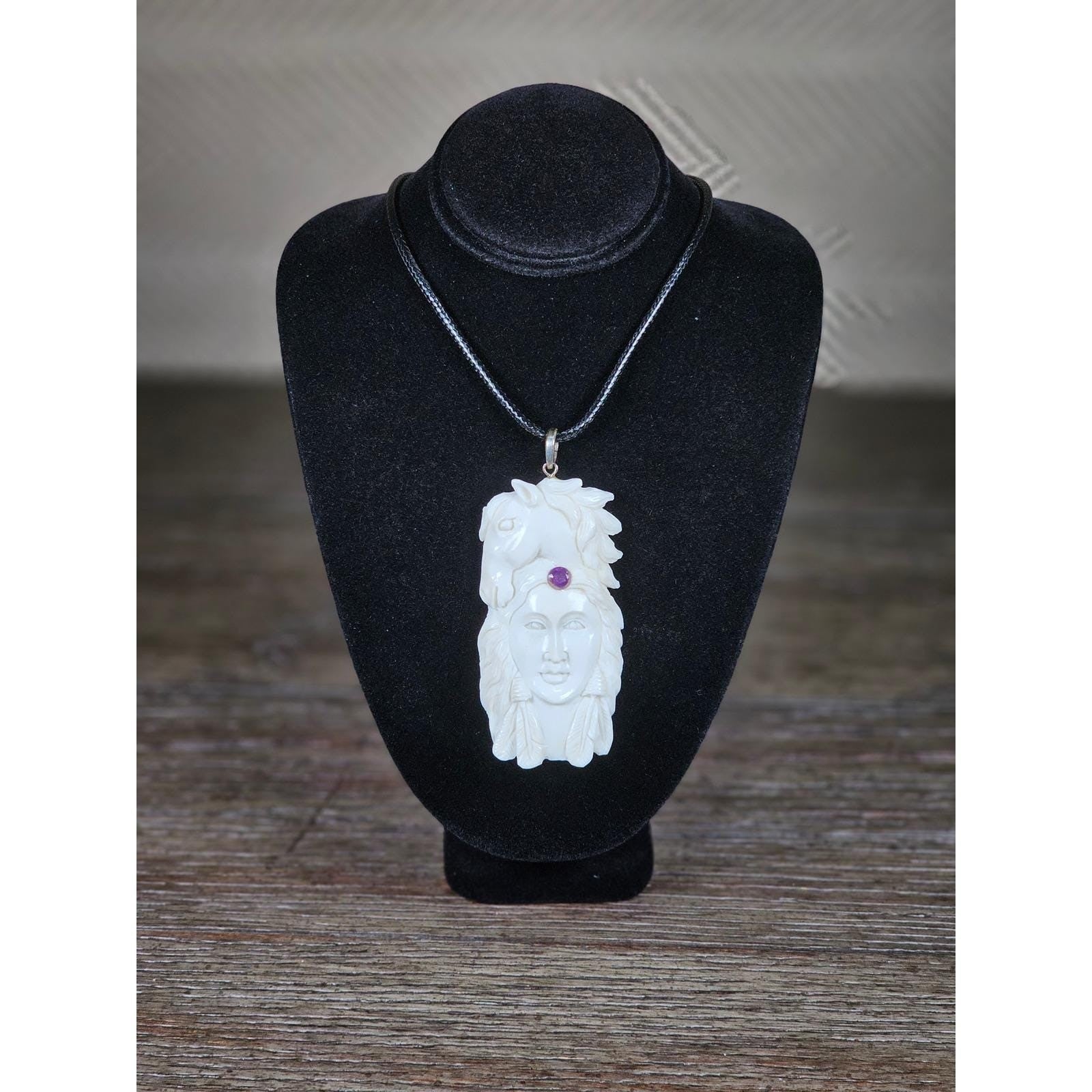 Vintage Carved Woman Horse Pendant Necklace Purple Stone