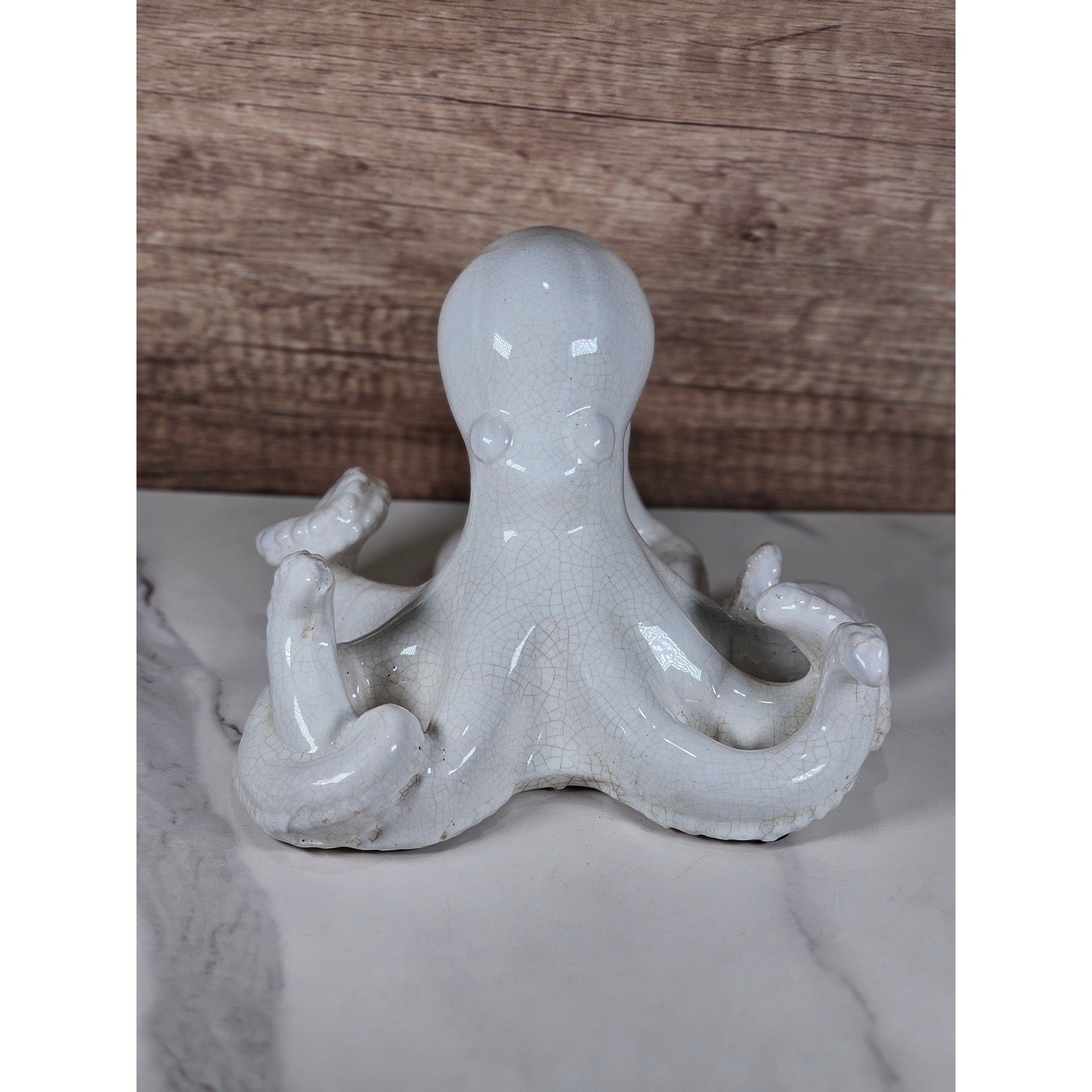 White Crackle Glaze Ceramic Octopus Figurine Nautical Coastal Home Decor Accent