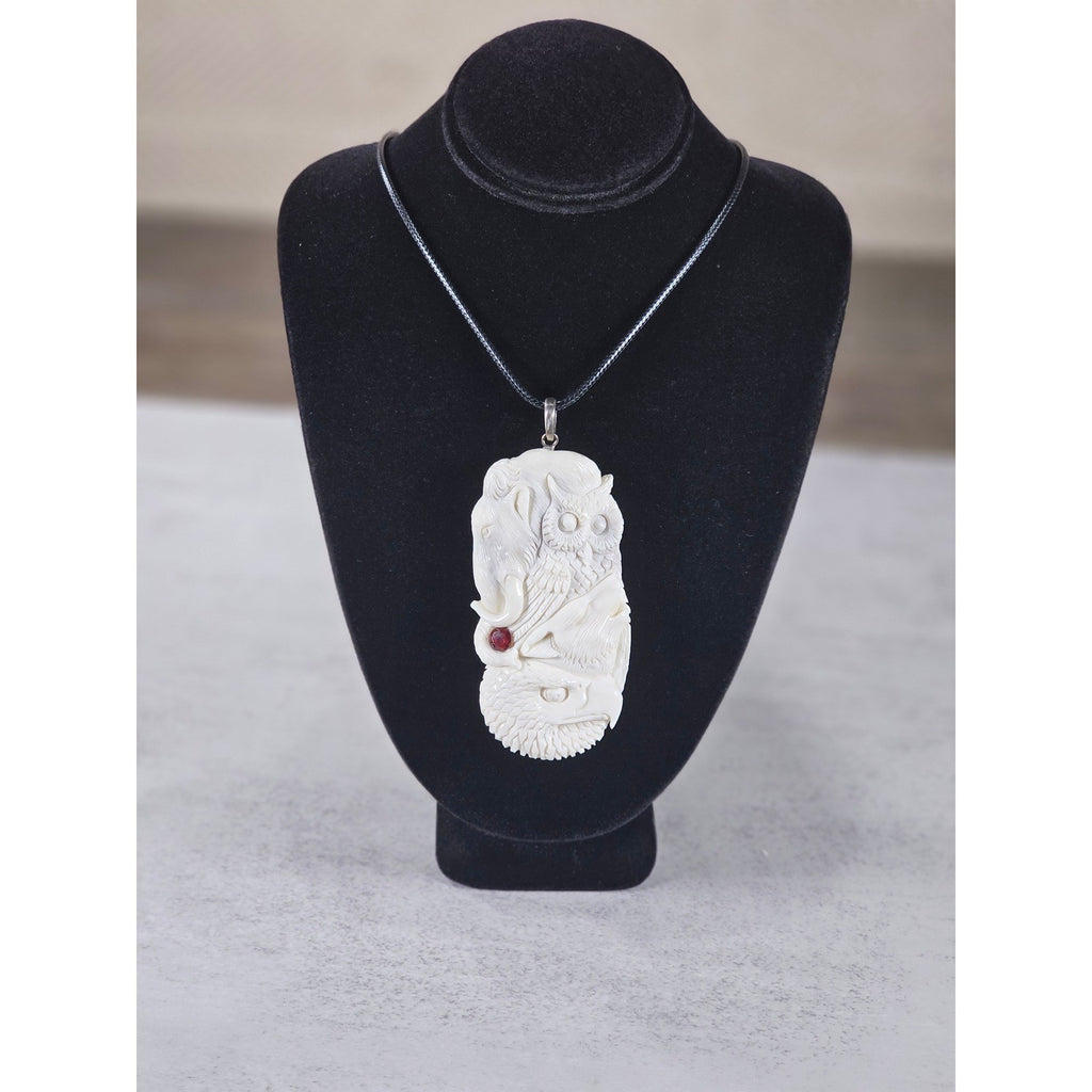 Vintage Carved Pendant Necklace Owl Elephant Red Accent