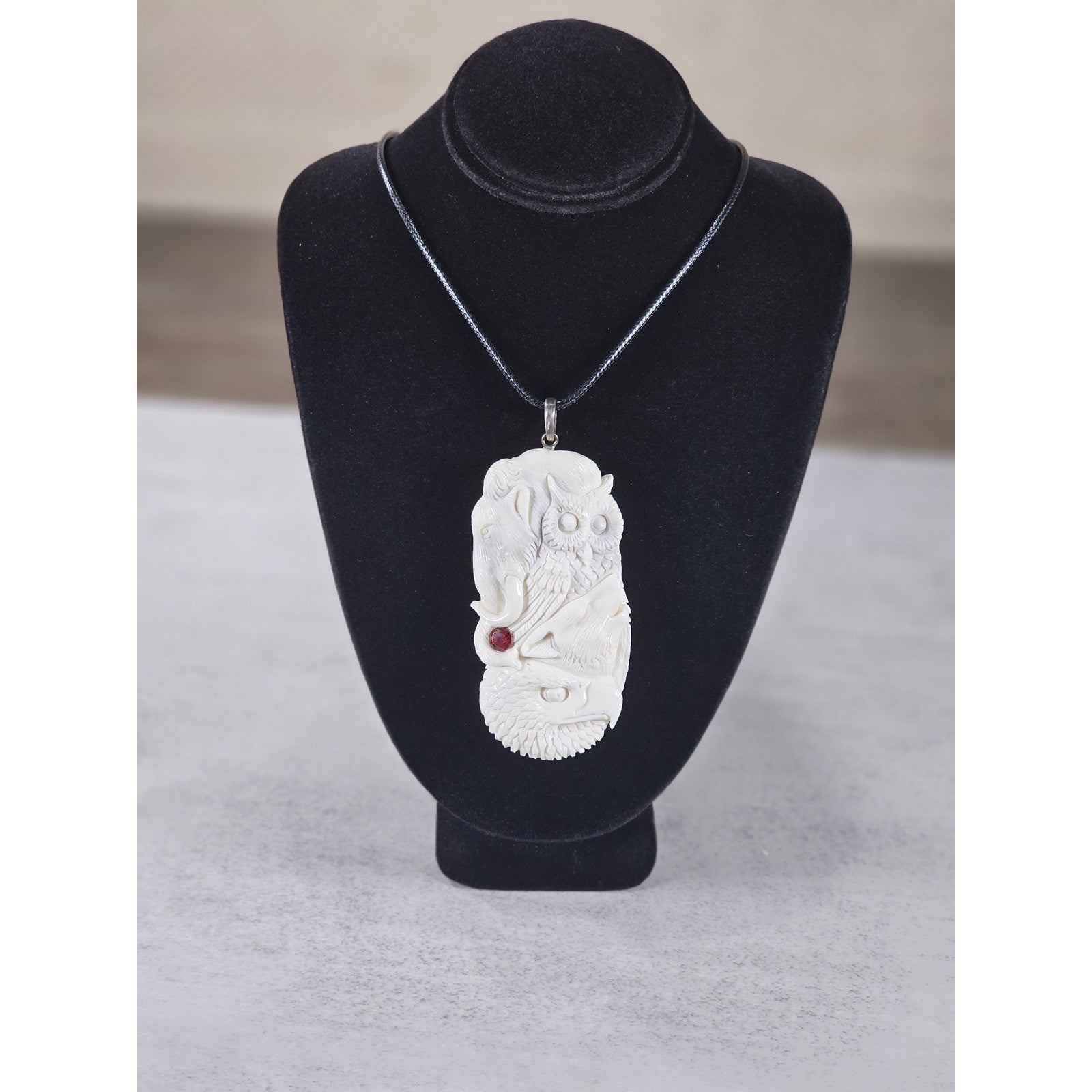 Vintage Carved Pendant Necklace Owl Elephant Red Accent
