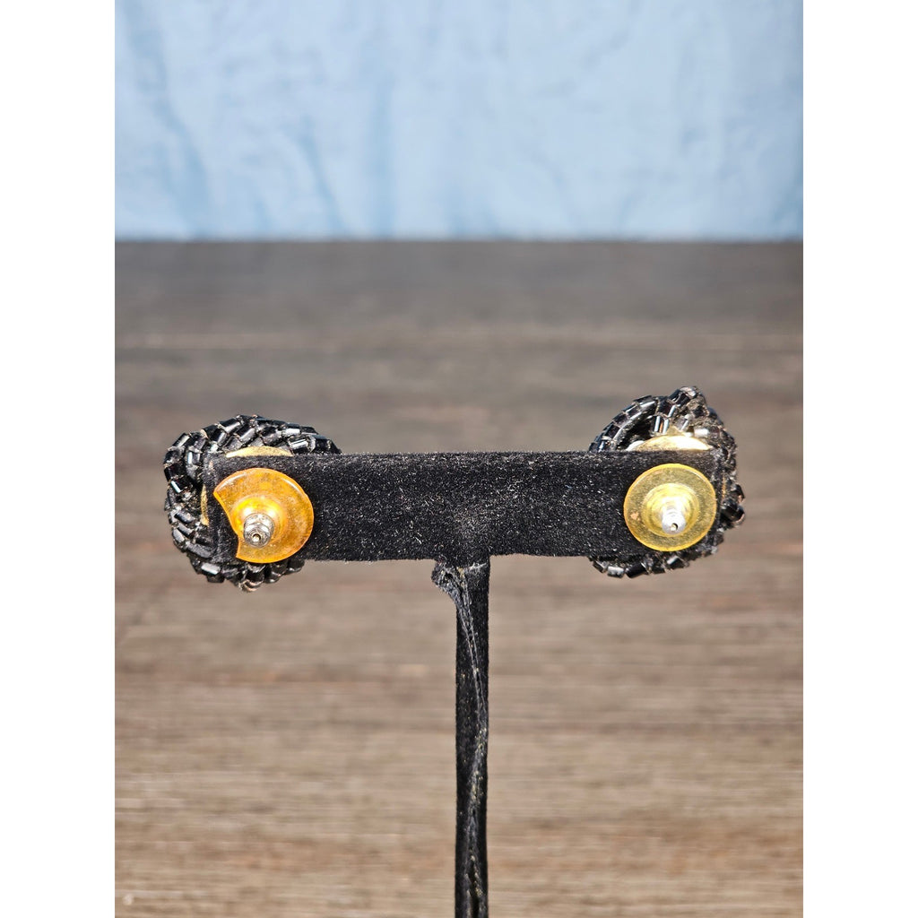 Vintage Black Beaded Knot Stud Earrings Gold Tone Post Statement