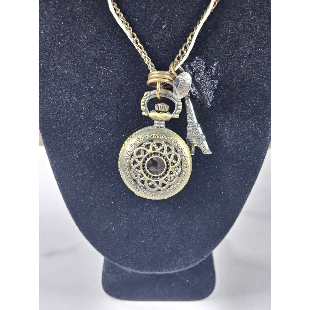 Vintage Pocket Watch Necklace Eiffel Tower Charm Long Chain