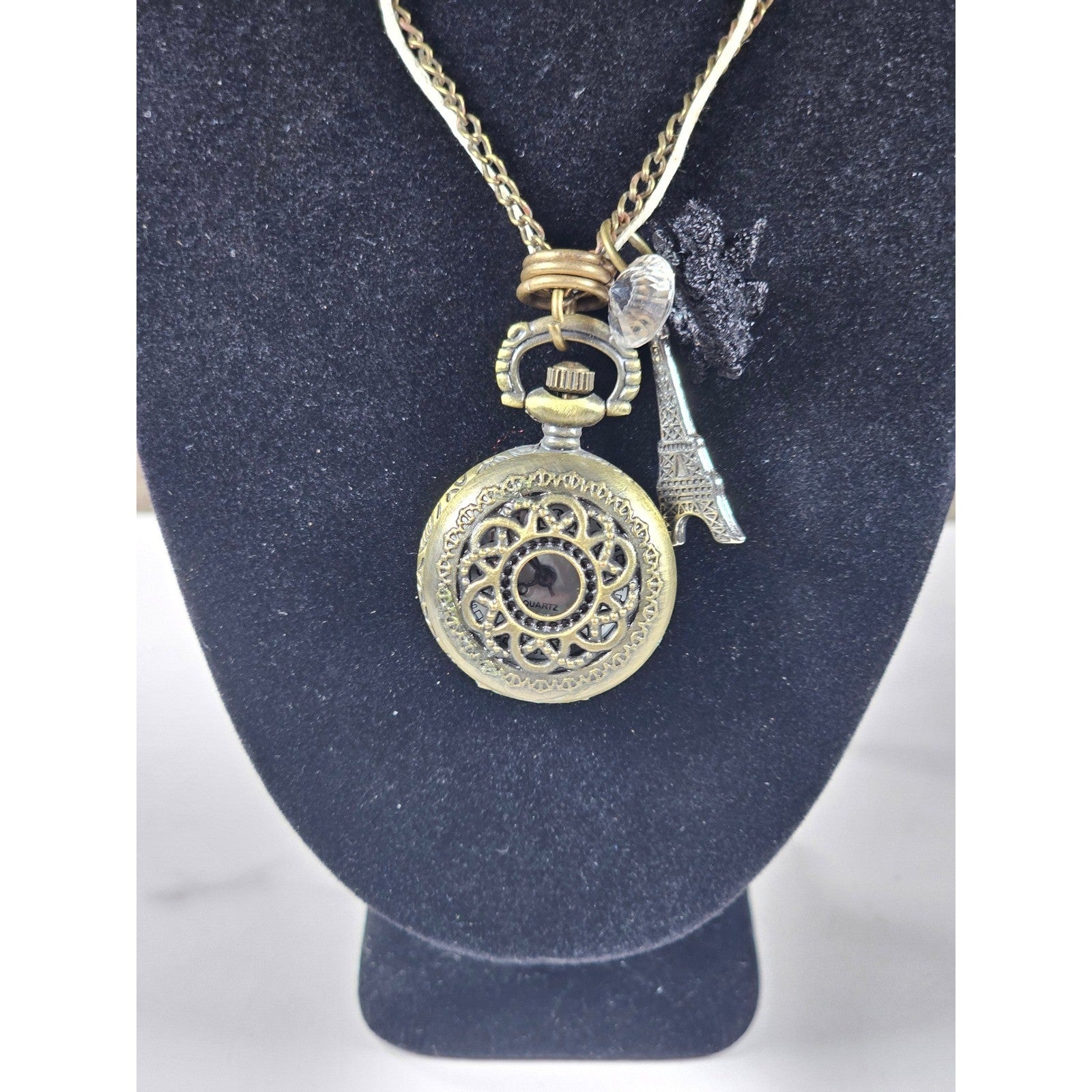 Vintage Pocket Watch Necklace Eiffel Tower Charm Long Chain