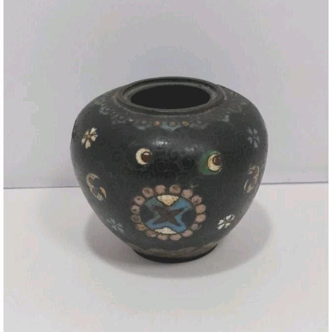 Vintage Cloisonne Mini Vase Black Floral Enamel 2.5" Collectible