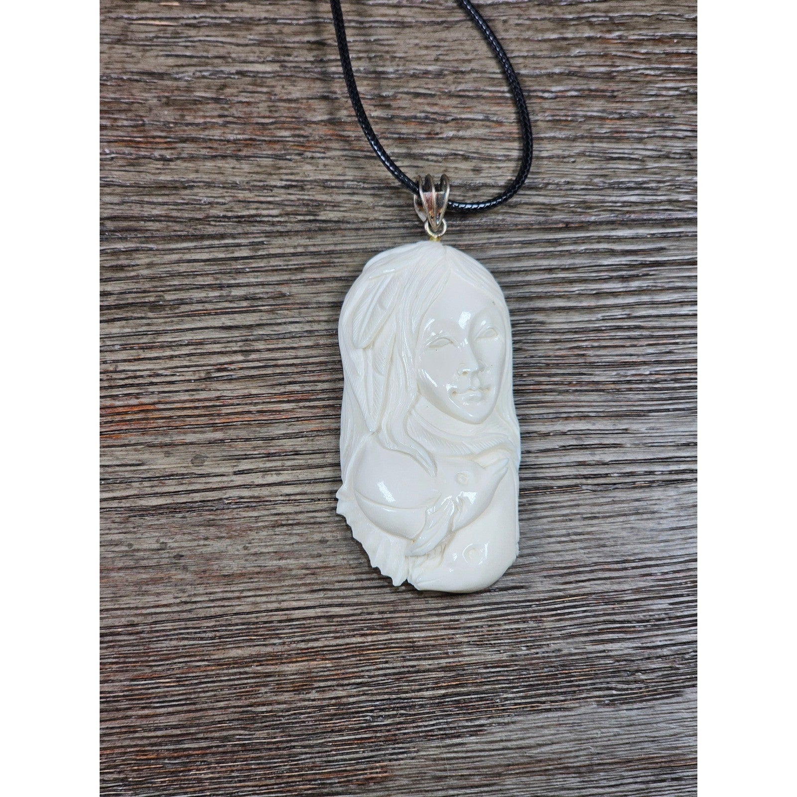 Vintage Buffalo Bone Carved Woman Pendant Necklace 2.5 x 1 Inch