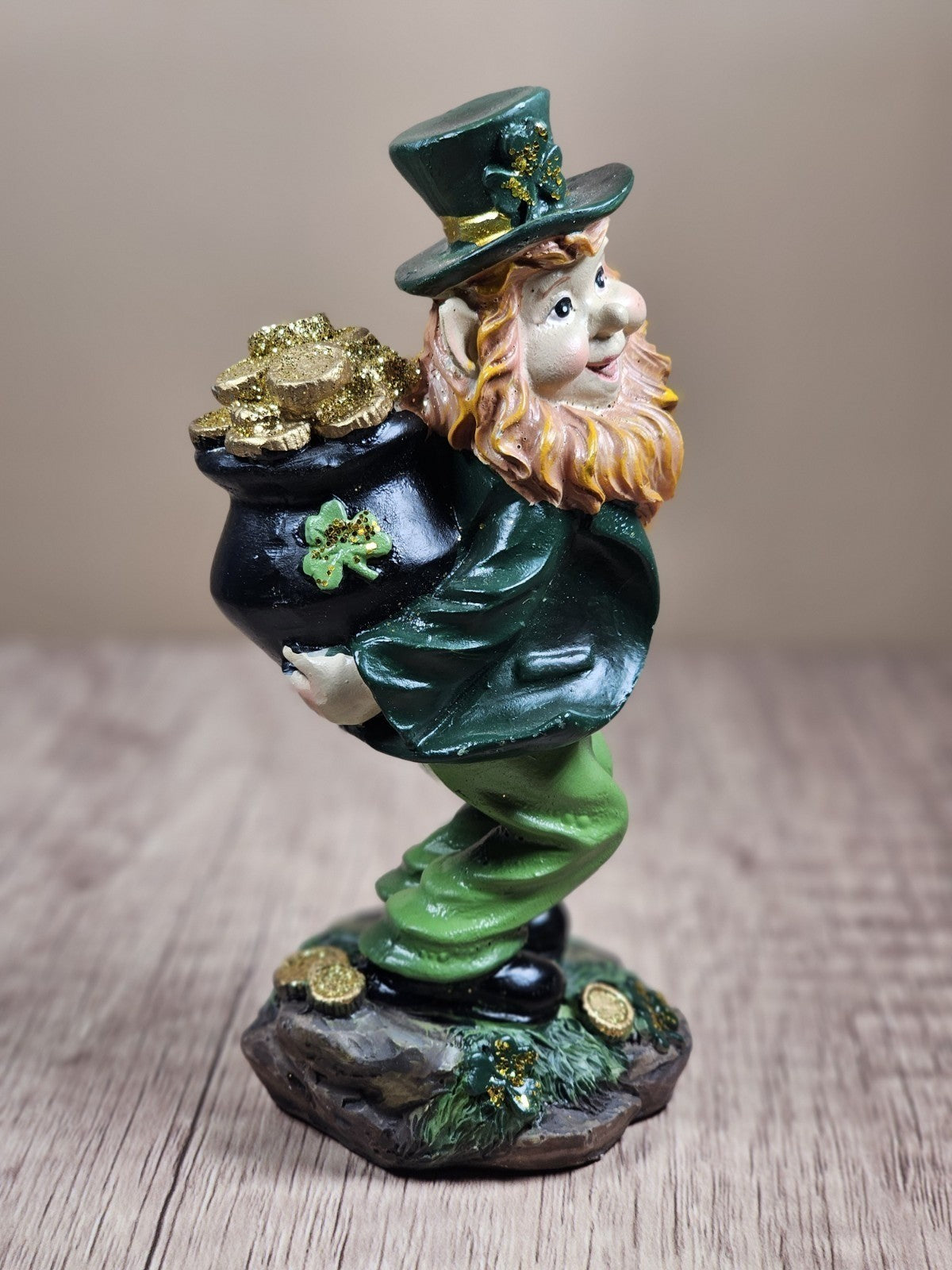 Saint Patricks Day Ceramic Leprechaun Figurine Holding Pot Of Gold Glittered
