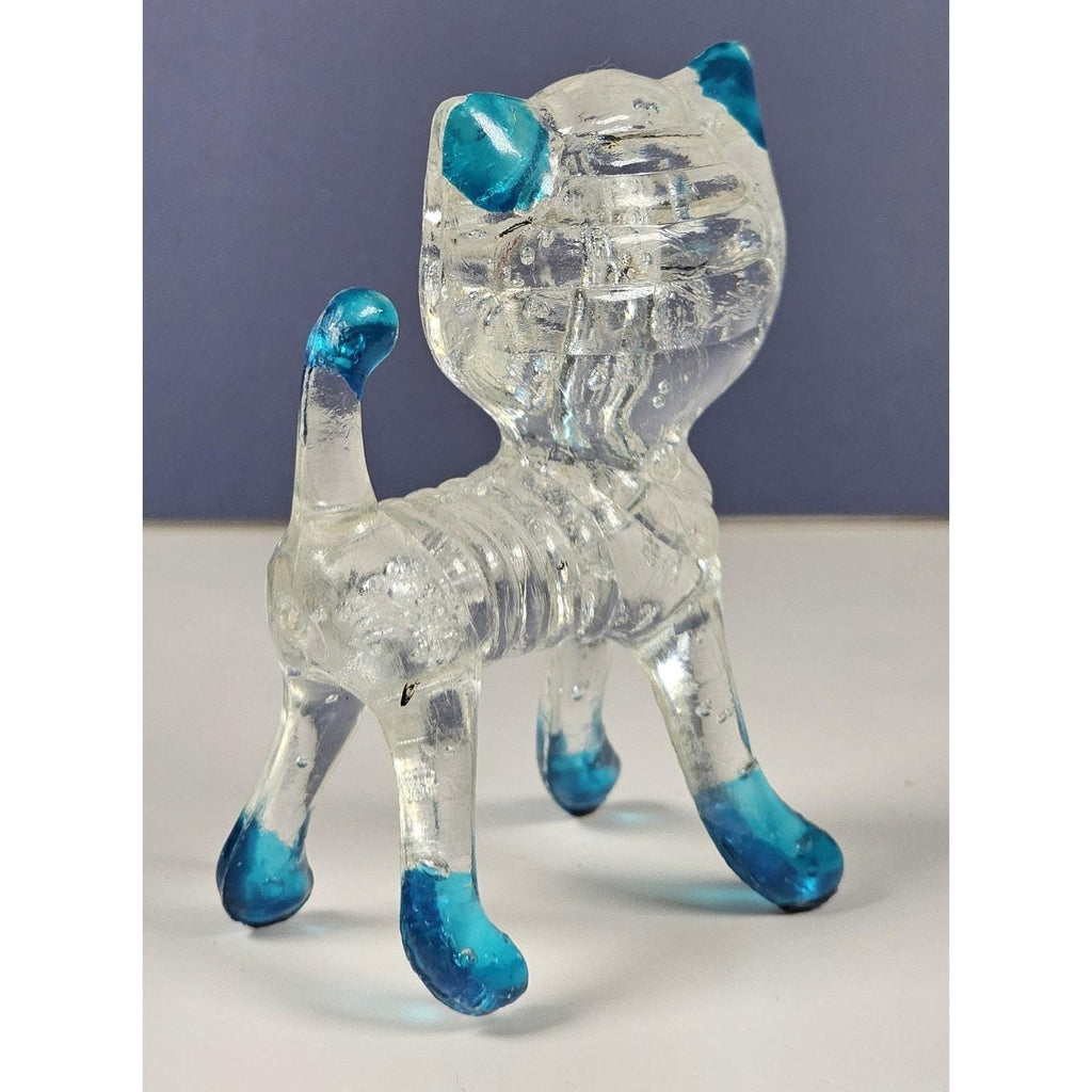 Vintage Lucite Cat Figurine Clear Blue Accents Hong Kong