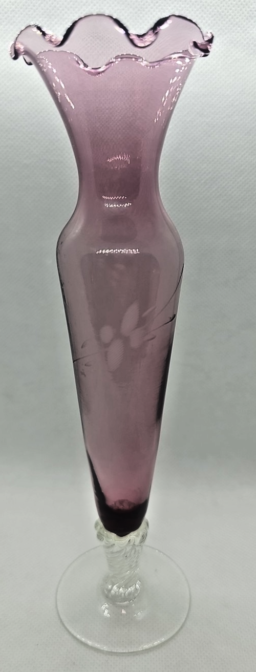 Amethyst Purple Etched Flower Bud Vase • Hand-Blown Glass • Ruffled Edge • 8″