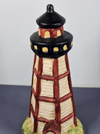 Vintage Ks Collection Beige Wood Design Red Stripe Design Lighthouse 6" Tall C