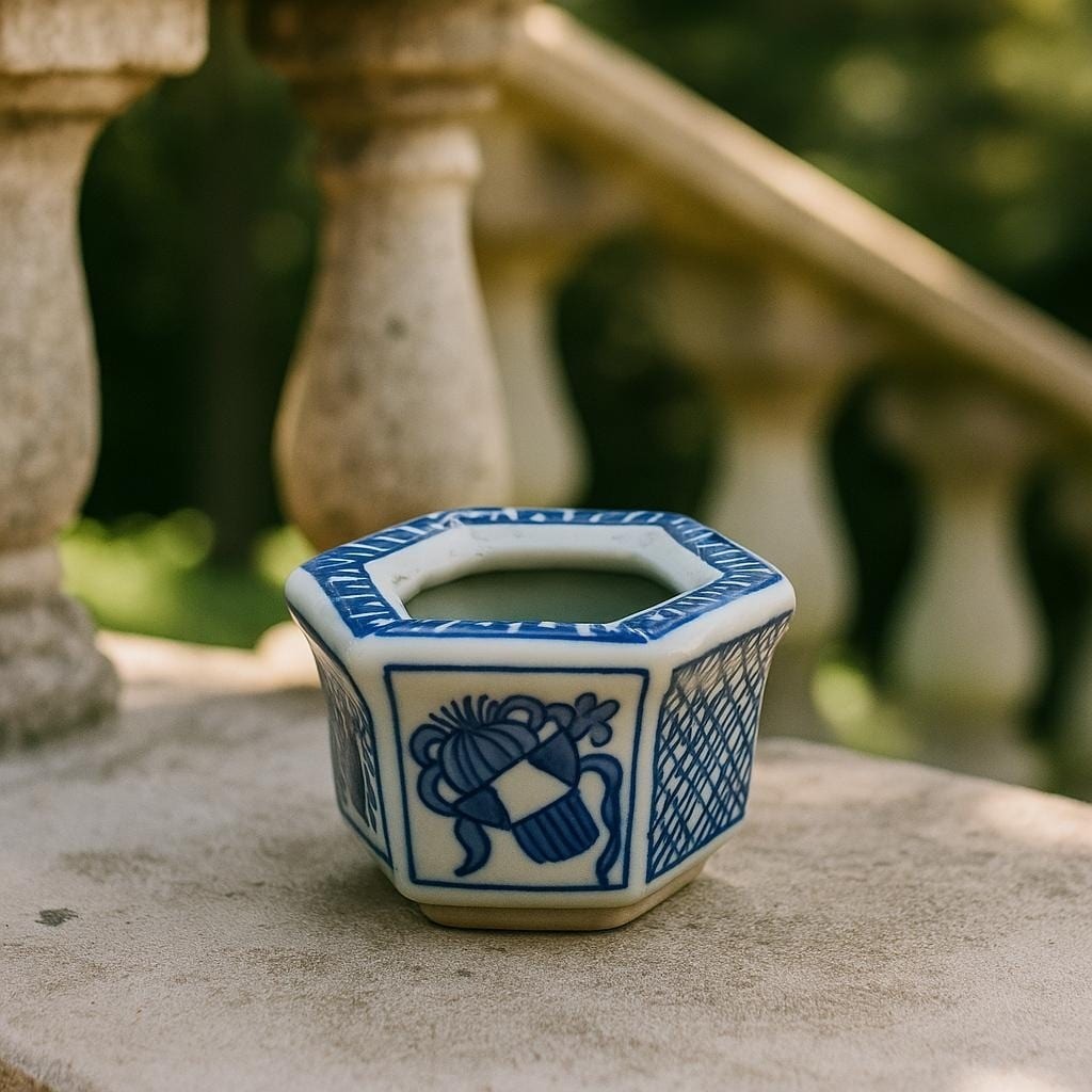 Vintage Japanese Porcelain Hexagon Pot Blue White Small Planter