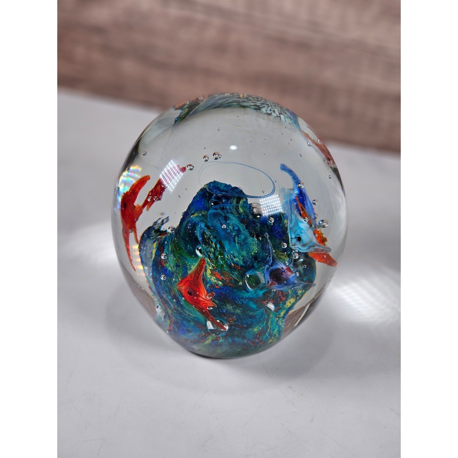Glass Paperweight Aquatic Scene Fish Swirls Art Hand Blown