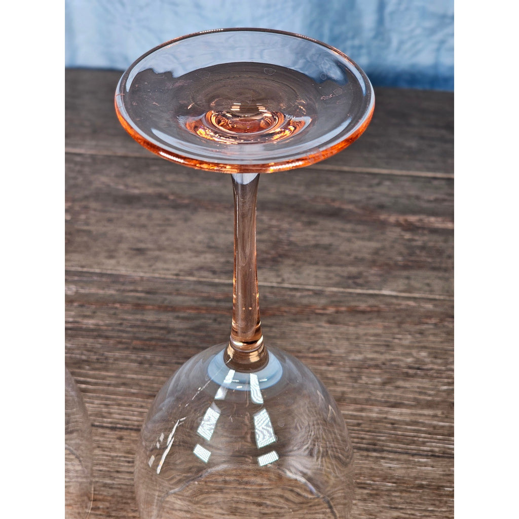 Vintage Pink Stem Wine Glasses Set of 2 Clear Bowl 8.5 Inch