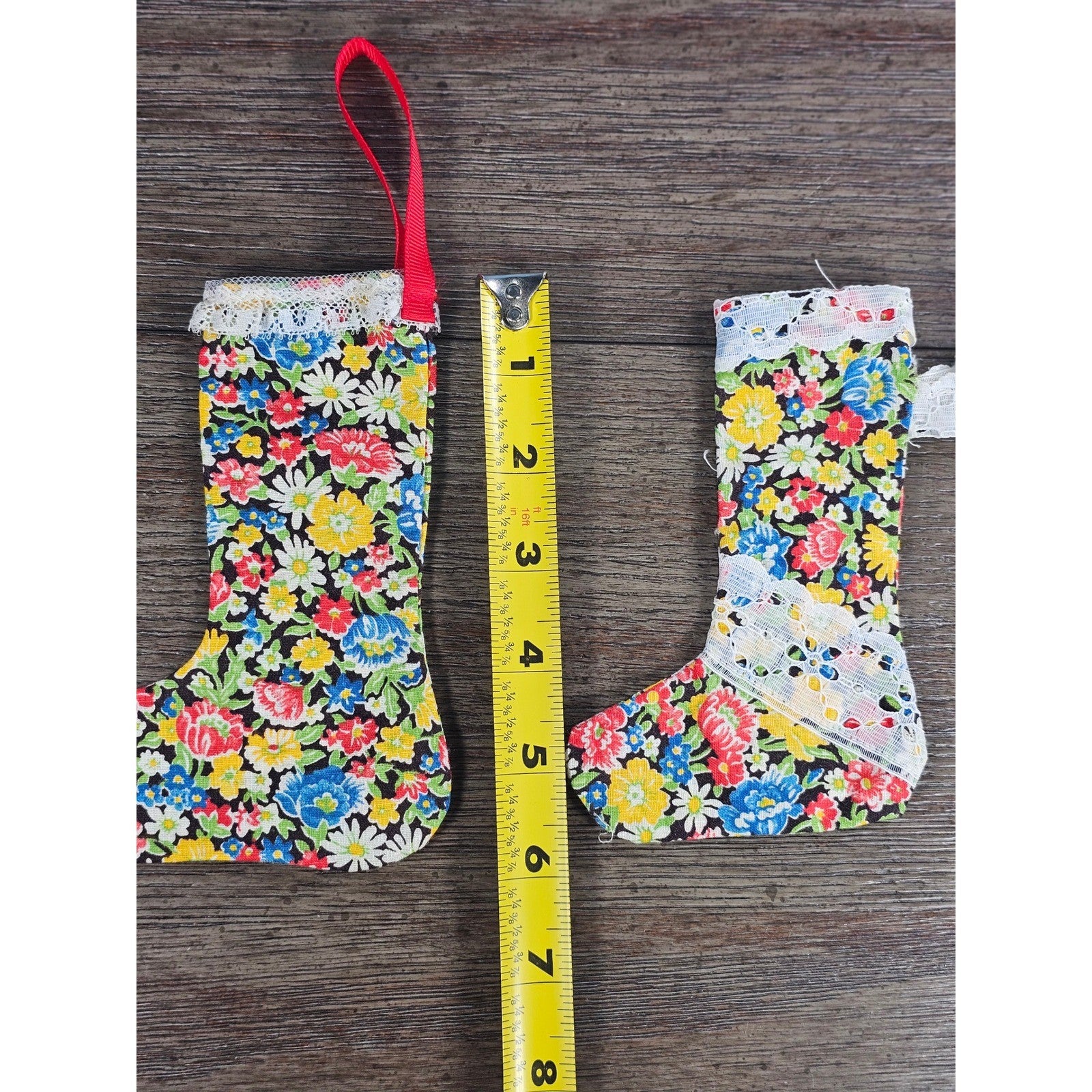 Vintage Handmade Fabric Stocking Ornaments Floral Christmas Decor Set of 4