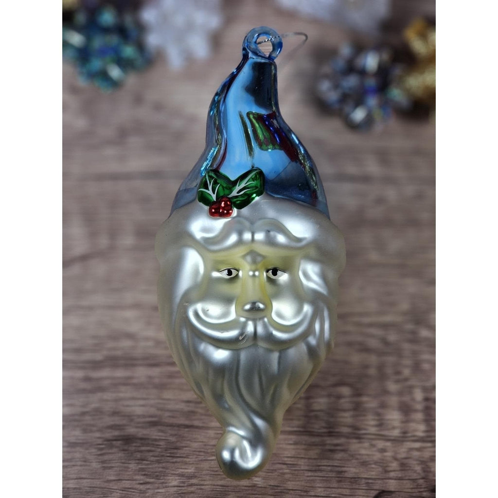 Vintage Glass Santa Ornament Blue Hat 1970s Handblown 7 Inch