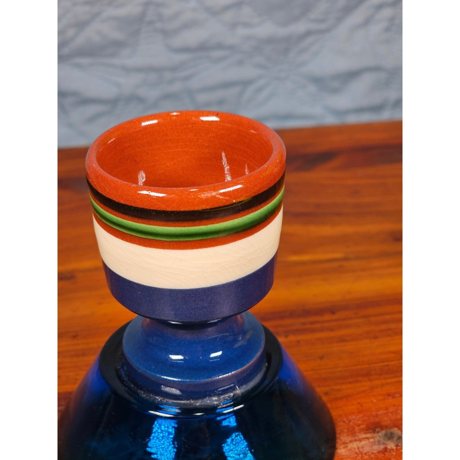 Vintage Nittsjo Sweden Egg Cup Blue Glass Base Hand Painted Ceramic Top