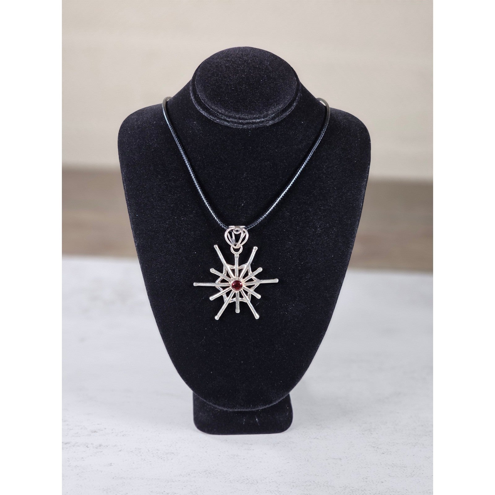 Vintage Starburst Pendant Necklace Red Stone Silver Tone