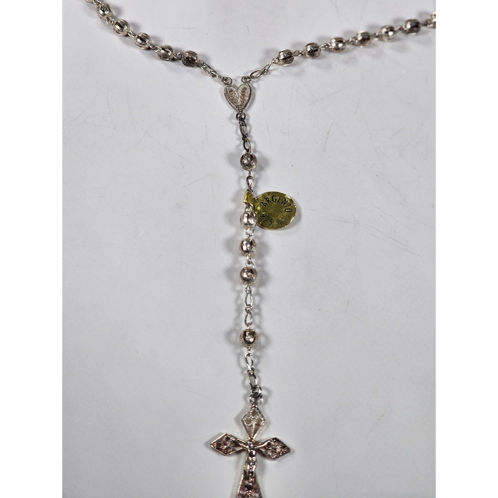 Vintage Silver Tone Rosary Necklace with Filigree Cross Pendant
