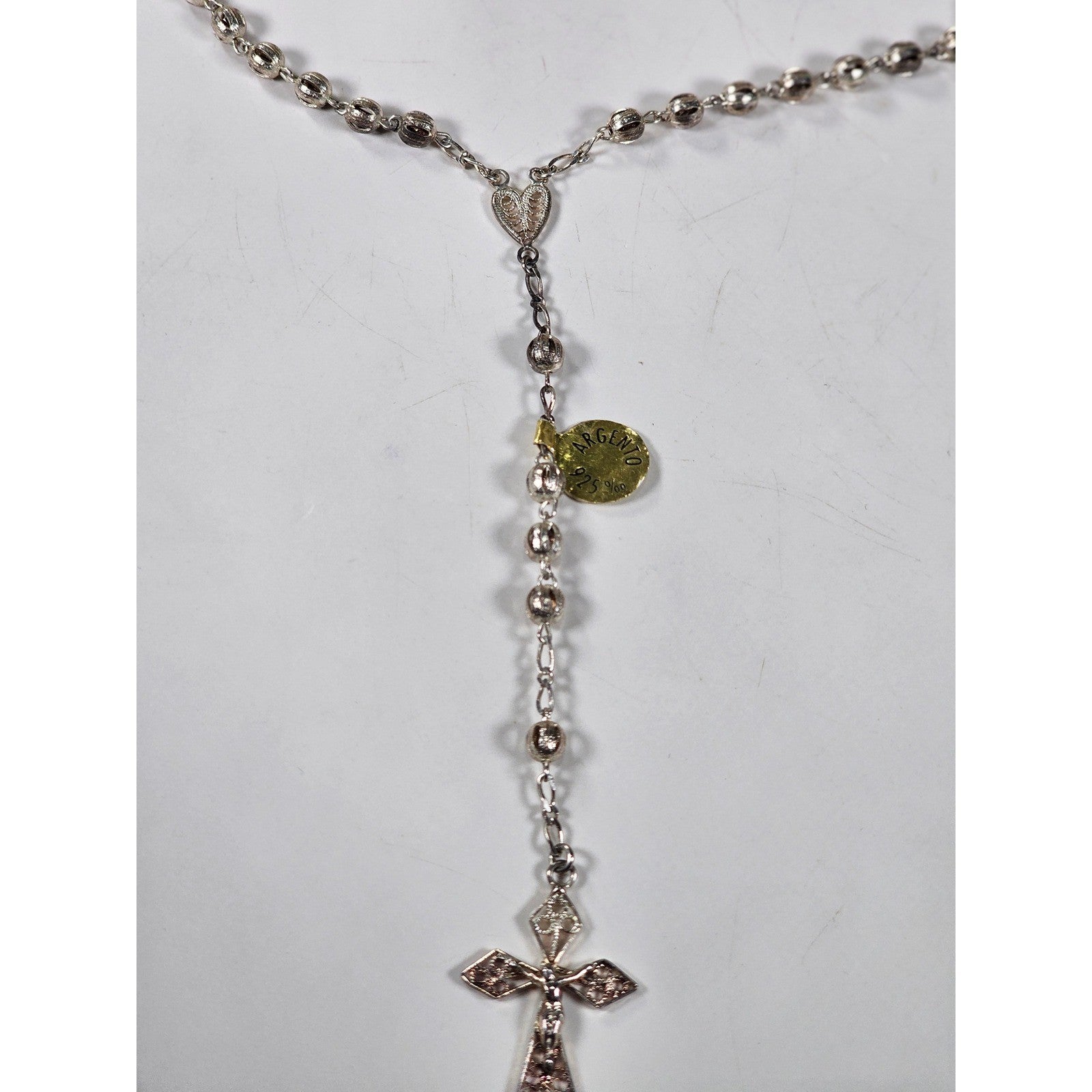 Vintage Silver Tone Rosary Necklace with Filigree Cross Pendant