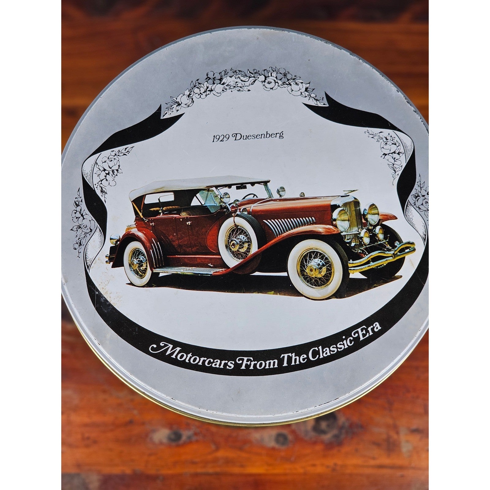 Vintage Classic Car Cookie Tin Empty Round Metal Motorcars from the Classic Era