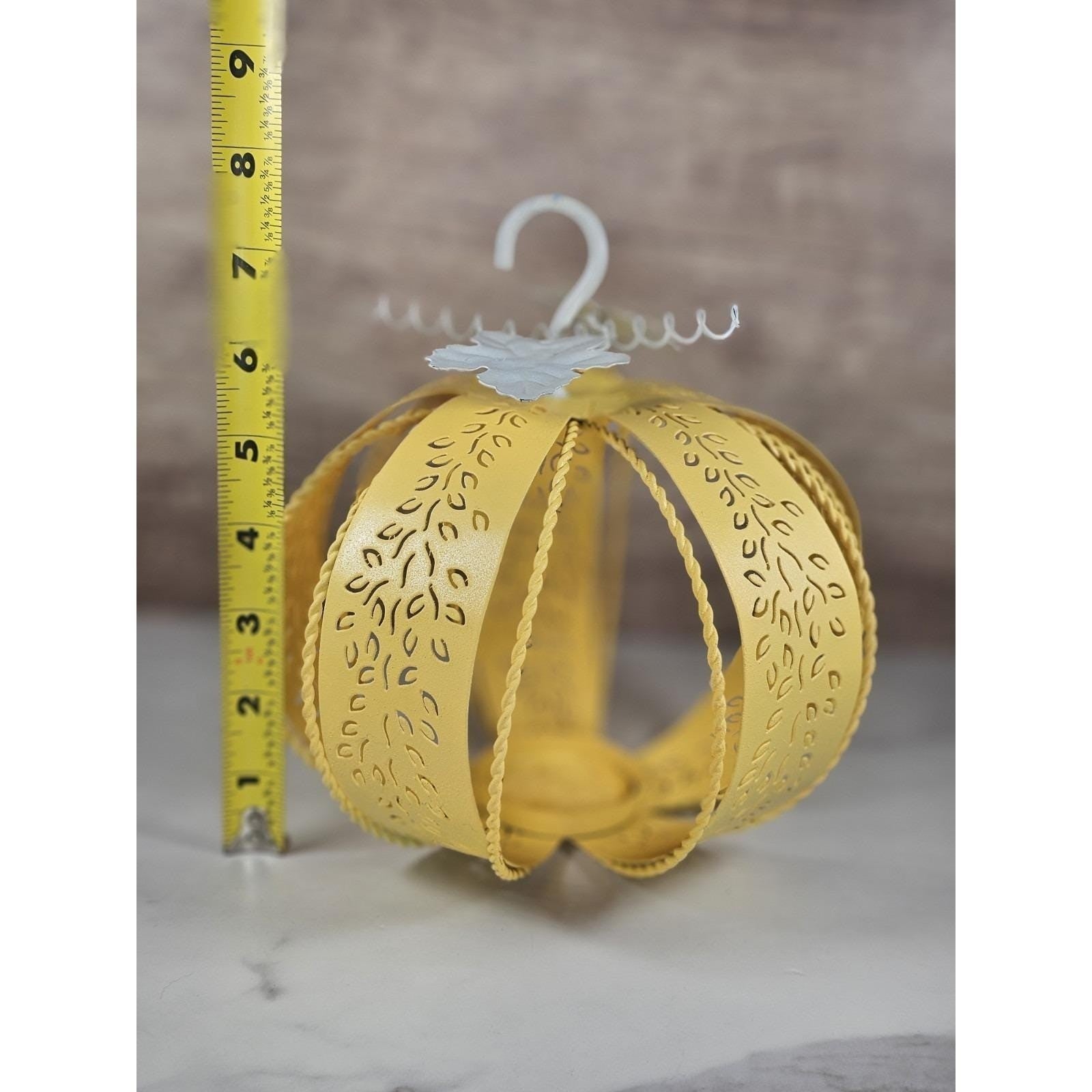 Yellow Metal Pumpkin Lantern with Leaf Cutouts | Fall Decor | Candle Holder