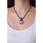 Glass Heart Bottle Pendant Necklace with Floral Design on Black Cord