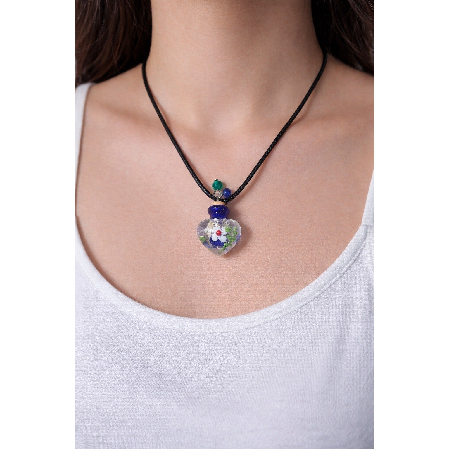 Glass Heart Bottle Pendant Necklace with Floral Design on Black Cord