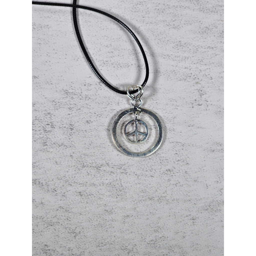 Vintage Peace Symbol Pendant Necklace Silver Tone Boho Jewelry