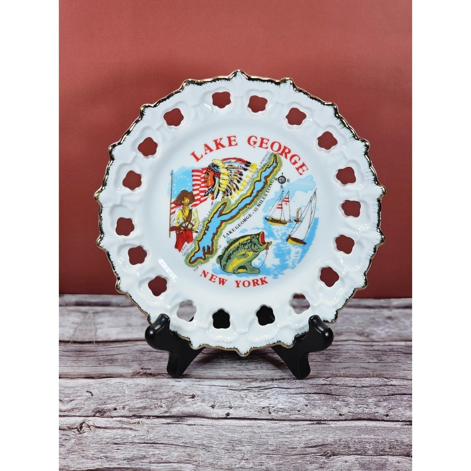 Vintage Lake George New York Souvenir Plate Gold Trim Pierced Rim 7 Inch