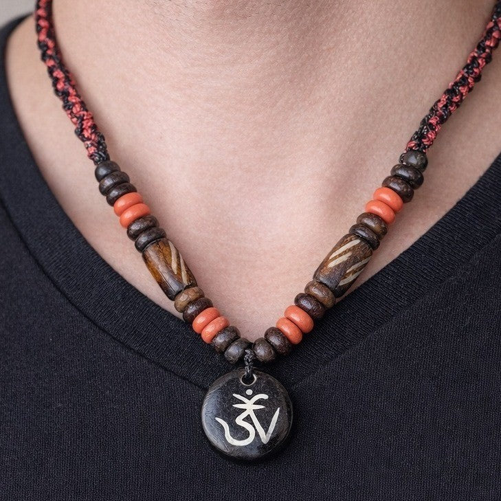 Vintage Om Pendant Necklace Wood Bead Red Black Cord Unisex