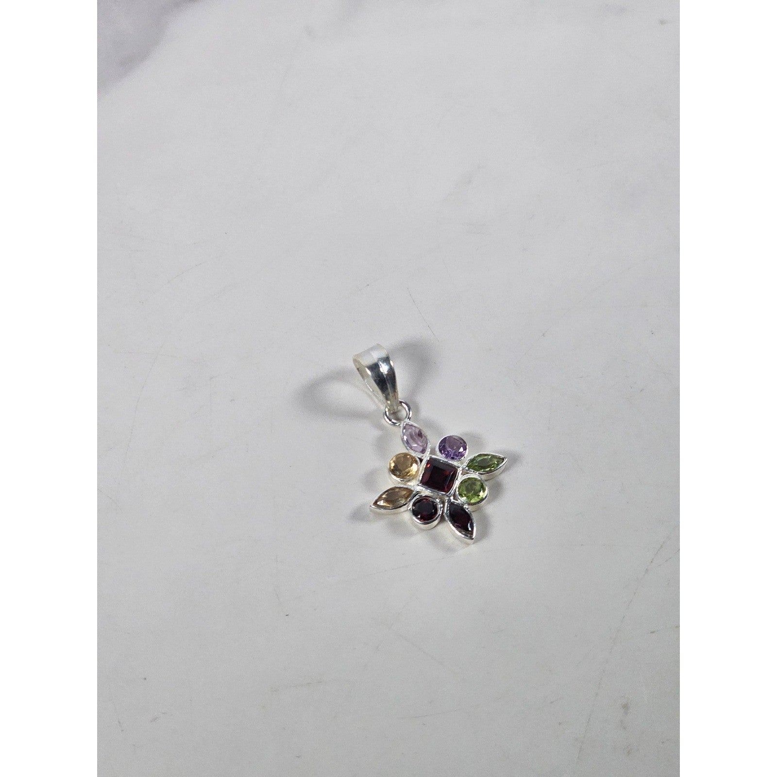 Vintage Sterling Silver Multi-Stone Gemstone Pendant, 925 Floral Design No Chain
