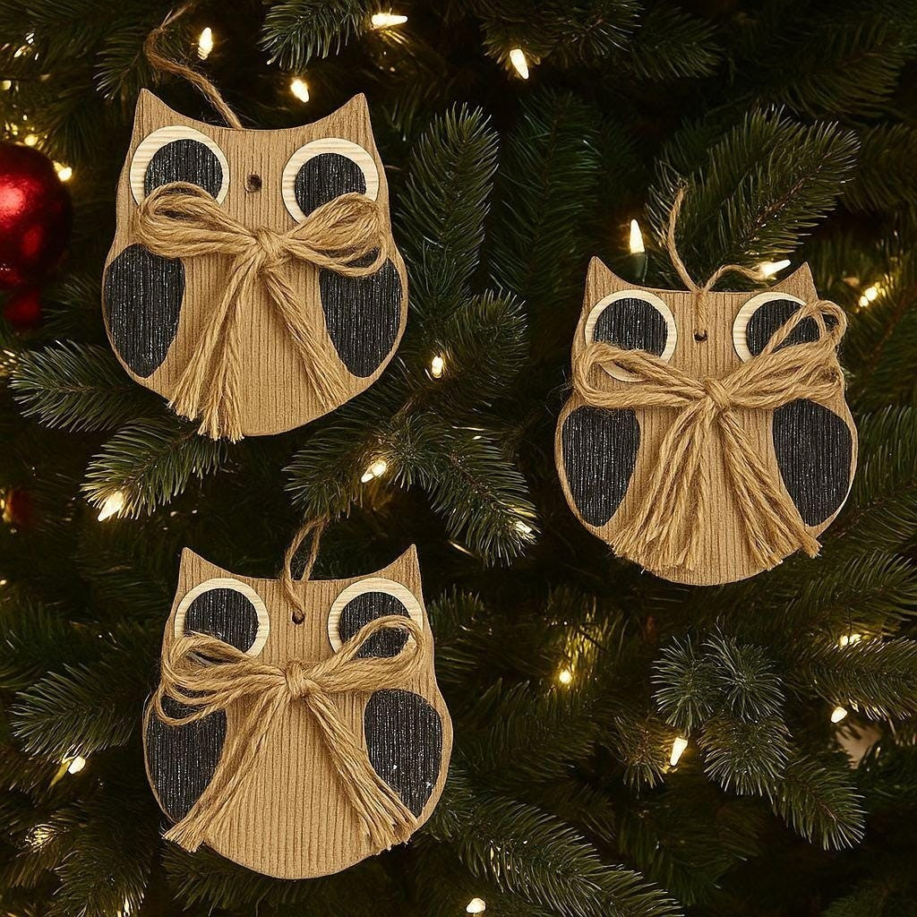Set of 3 Woodland Owl Christmas Ornaments Rustic Cardboard Holiday Decor