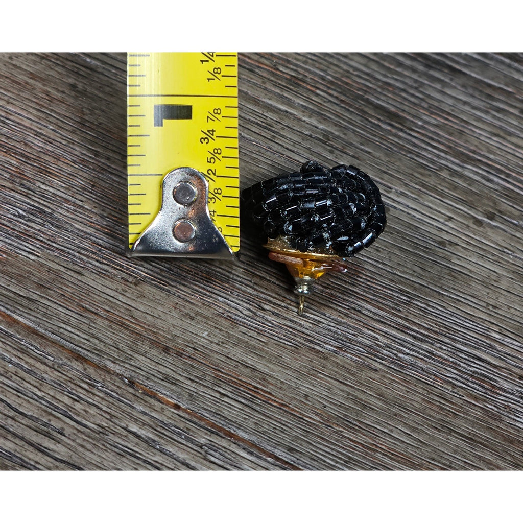 Vintage Black Beaded Knot Stud Earrings Gold Tone Post Statement