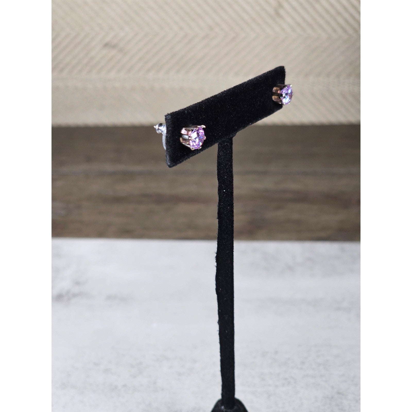 Vintage Pink Rhinestone Stud Earrings Silver Tone Round Cut