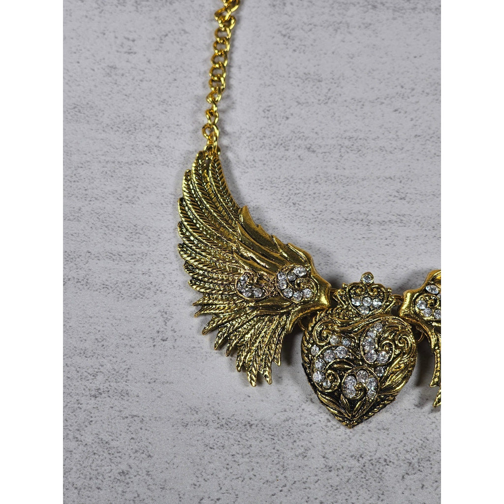 Vintage Gold Tone Winged Heart Rhinestone Statement Necklace