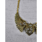 Vintage Gold Tone Winged Heart Rhinestone Statement Necklace