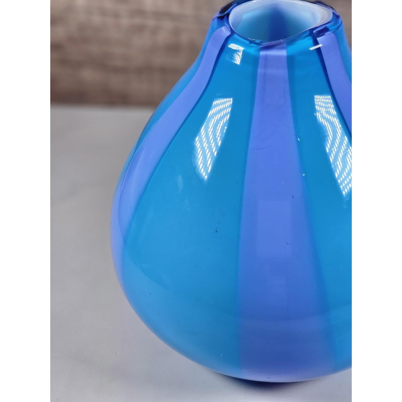 Hand Blown Cased Glass Vase Blue Purple Striped Circus Tent Pattern