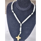 Vintage White Beaded Rosary Necklace Gold Tone Cross Pendant