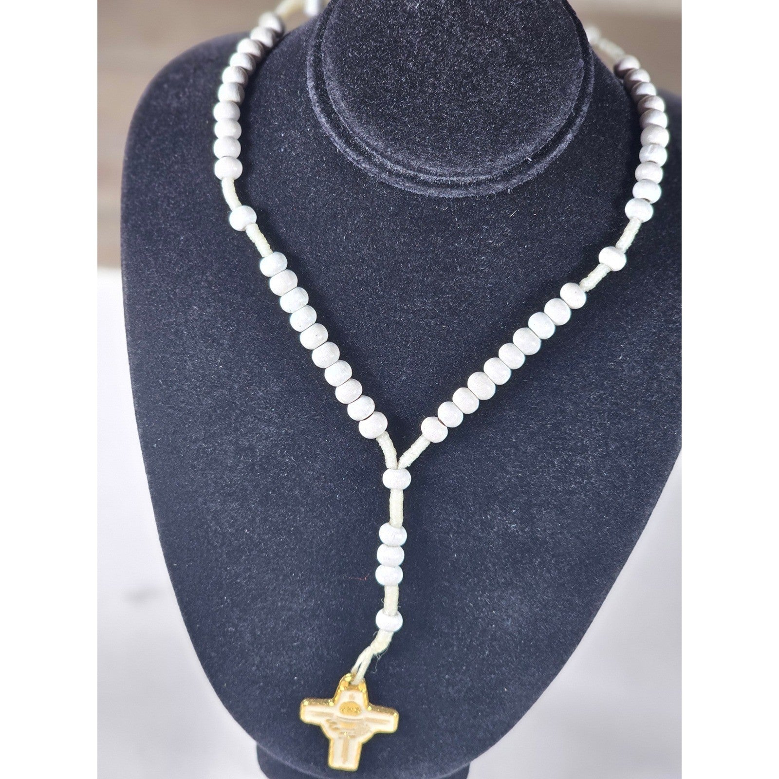 Vintage White Beaded Rosary Necklace Gold Tone Cross Pendant