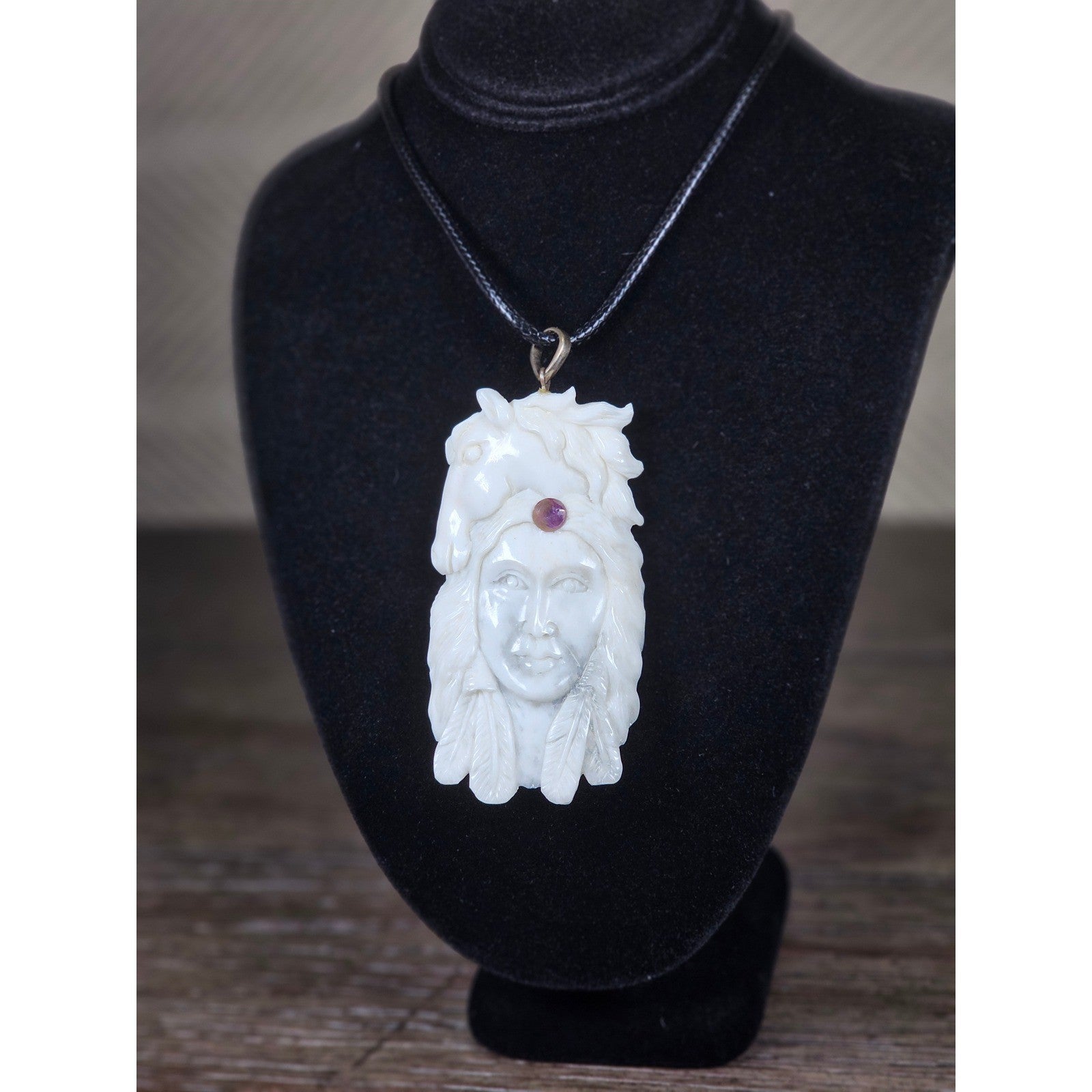 Vintage Buffalo Bone Carved Pendant Necklace Native Style 2.5 Inch